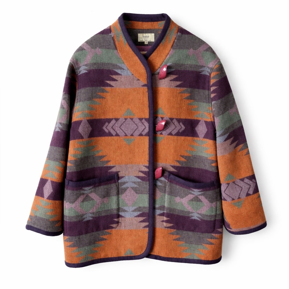 Vintage Southwestern Aztec Style Blanket Coat toggle buttons pockets Medium